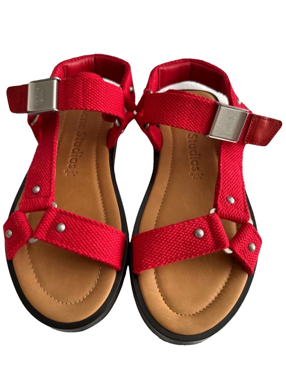 Acne Red Strappy Sandals with Silver Buckles